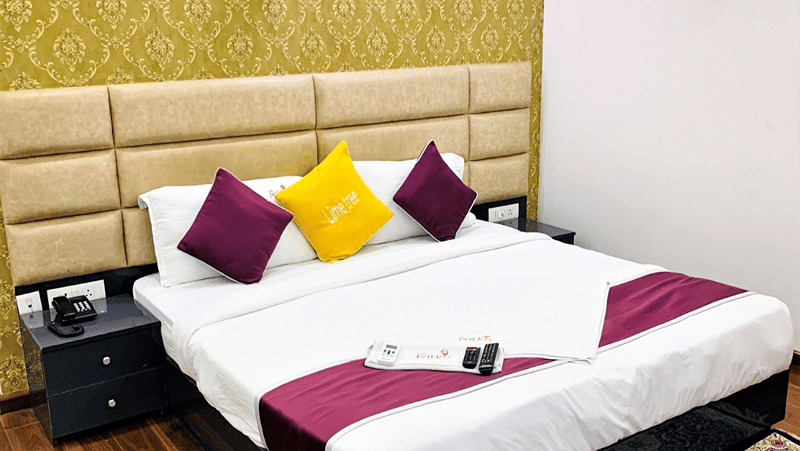 Bedroom of Lime Tree Hotels & Service Apartment Private Limited featuring a padded headboard, pink and yellow cushions, and a patterned rug.