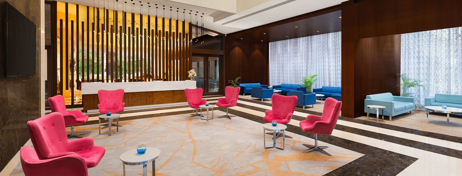 Seating arrangement inside the Lobby area of Essentia Luxury Hotel, Indore.