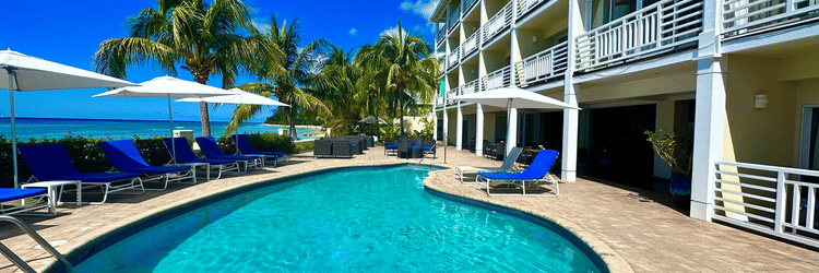 A view of the pool area surrounded by lounge chairs, umbrellas, and palm trees under a clear blue sky at The Soco Hotel.