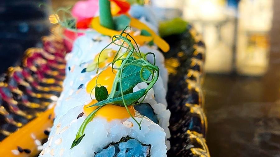 Sushi spread out on a plate
