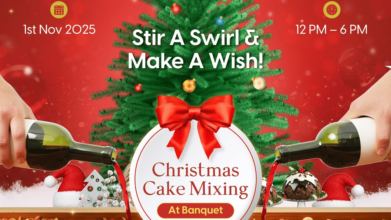 Christmas cake mixing celebration with festive decorations at Accord Metropolitan.