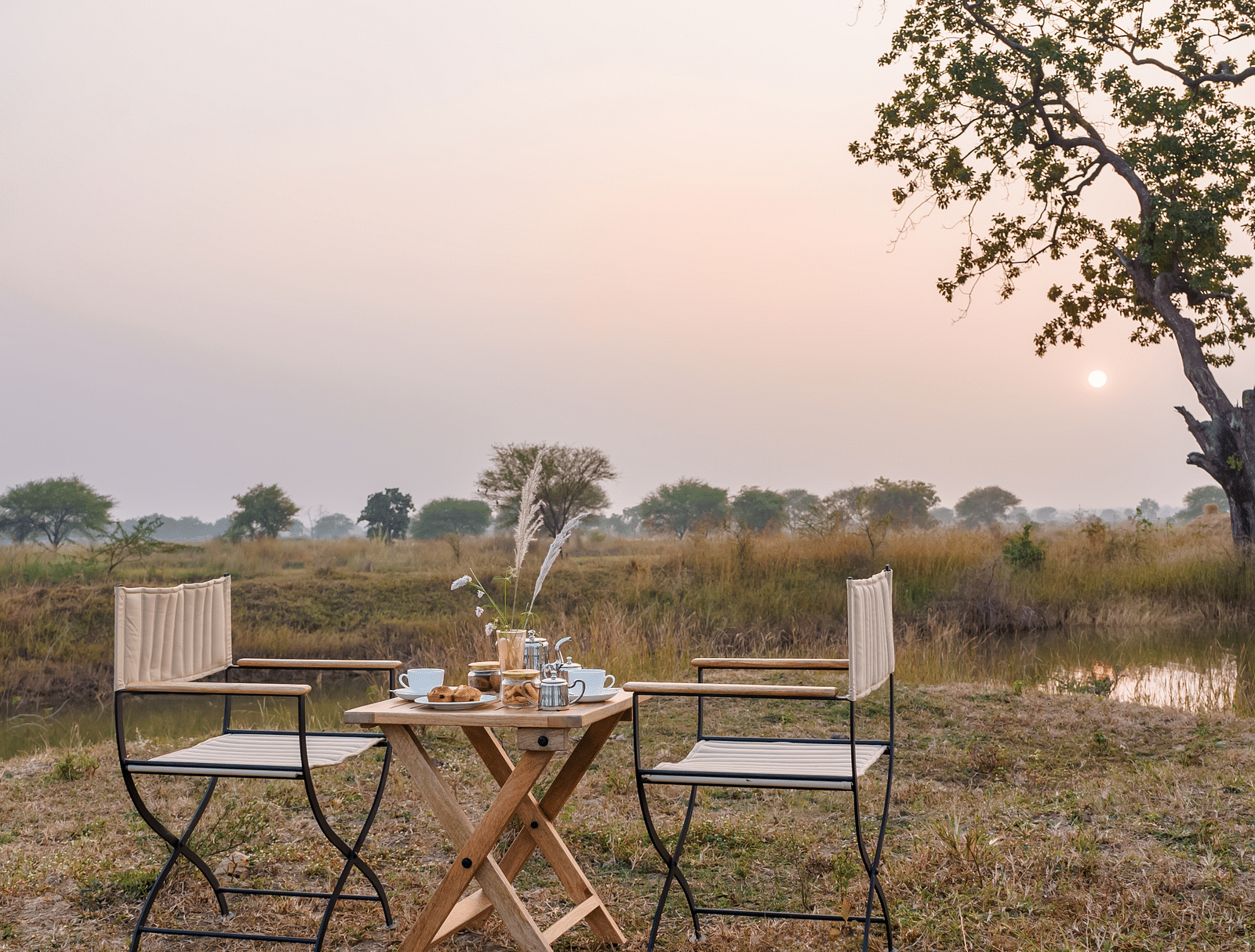 An open space with two chairs and a table at Trees N Tigers, Tadoba.