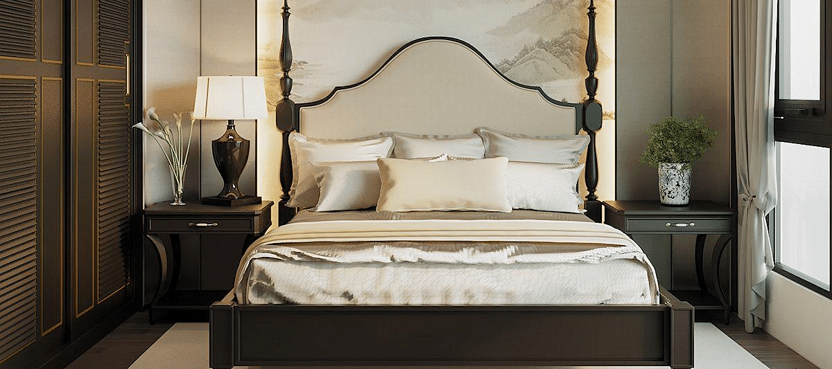 A room featuring a front view of the bed, with bedside tables on either side and windows to the sides at The Evren, Vagator.