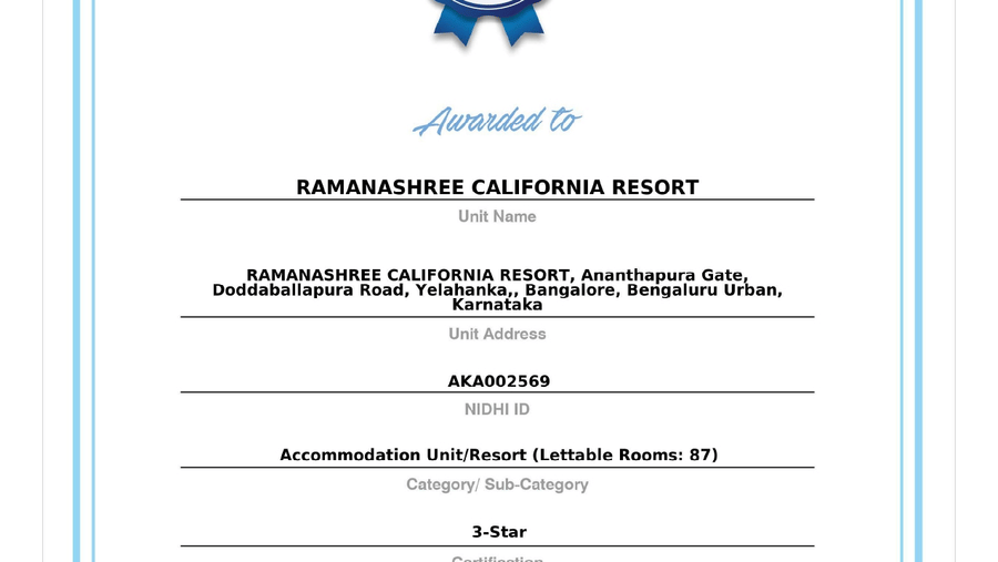 Ministry of Tourism 3-Star certification awarded to Ramanashree California Resort, Bengaluru, recognizing quality accommodation and hospitality standards.