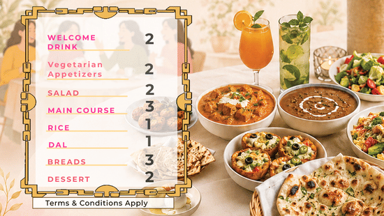 Promotional poster for Pride Hotel Nagpur's kitty party package with a floral design, food spread illustrations, numbered package details, and a starting price of INR 1499 per person.