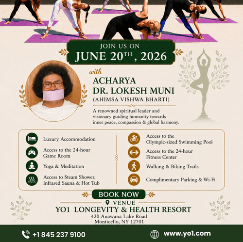 YO1 Longevity Health Resort International Yoga Day flyer June 20 2026 featuring Acharya Dr Lokesh Muni with resort amenities and outdoor yoga session