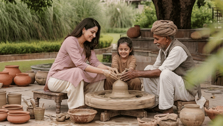 Family enjoying a traditional outdoor dining experience beneath a large tree in a landscaped garden.