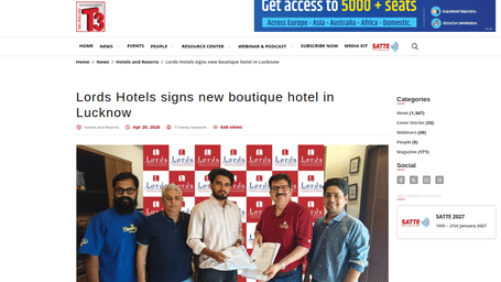 An article by T3 showcasing Lords Hotels & Resorts Announces new sign up in Lucknow.