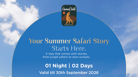Promotional creative for Summer 2026 Package at AamaGhati Wildlife Resort, offering 1 Night/2 Days stay with room options from INR 25,999 plus taxes and 15% off group bookings, valid till 30th September 2026.