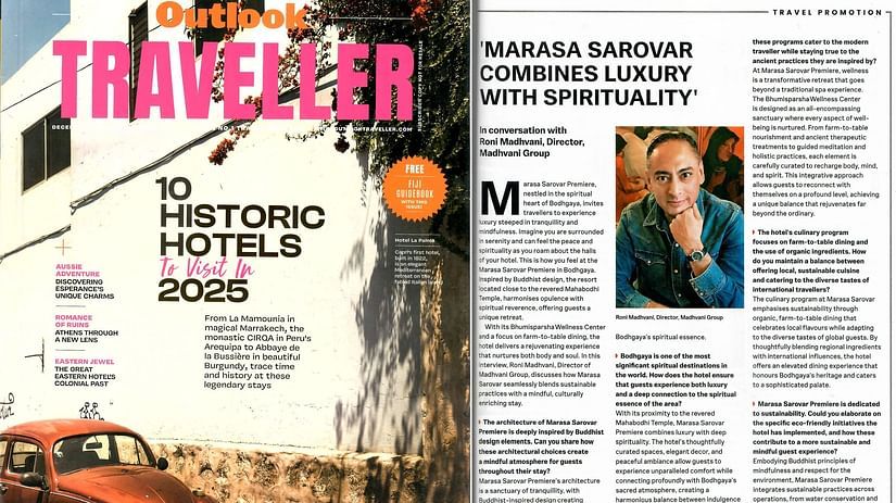 The image shows the Outlook Traveller cover and an article on Marasa Sarovar Premiere, highlighting its luxury, spirituality, and sustainability.