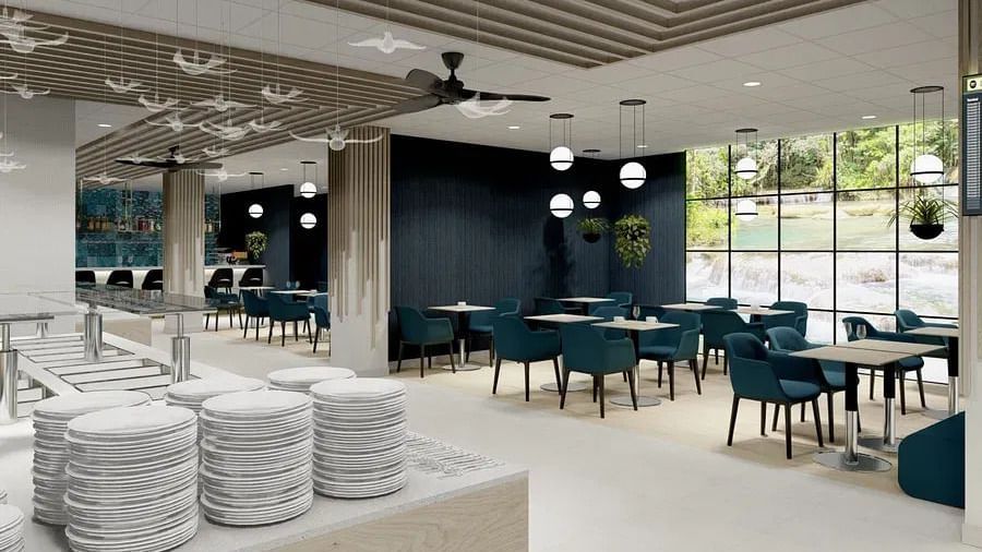 Close-up of dining tables set against a bright, modern background for casual meals.