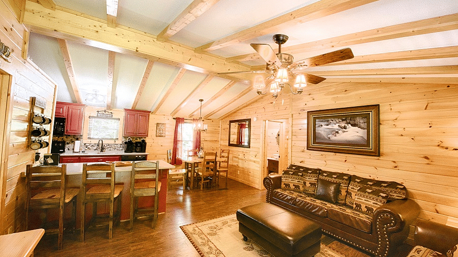 the living room of the river cabin featuring a common seating area along with the dining area - Historic Tapoco Lodge
