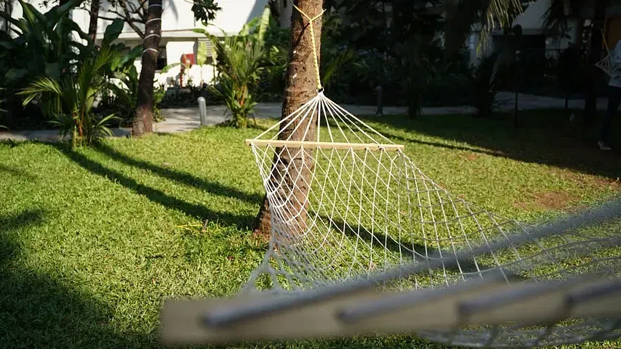 A netted swing hanging between trees at Indie Stays Resort, Goa.