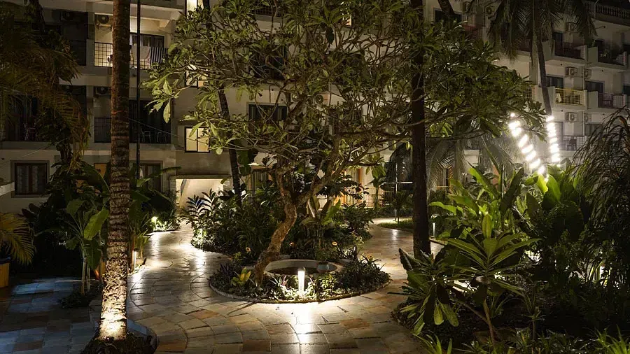 A pathway with LED lights surrounded by trees at Indie Stays Resort, Goa.
