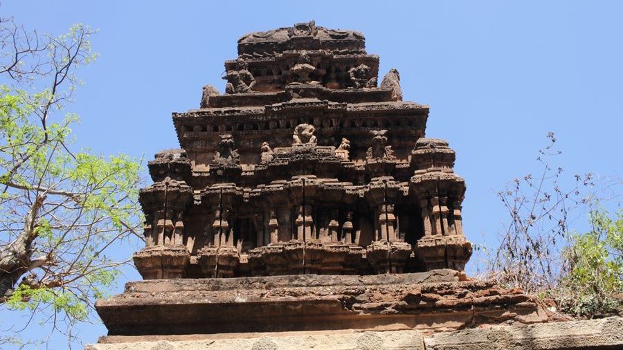 Ancient temple tower with intricate carvings.