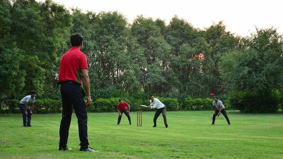 People playing cricket on a grassy field surrounded by trees at Karma Chalets.