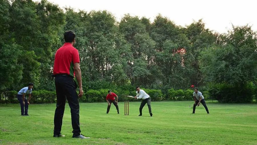 People playing cricket on a grassy field surrounded by trees at Karma Chalets.