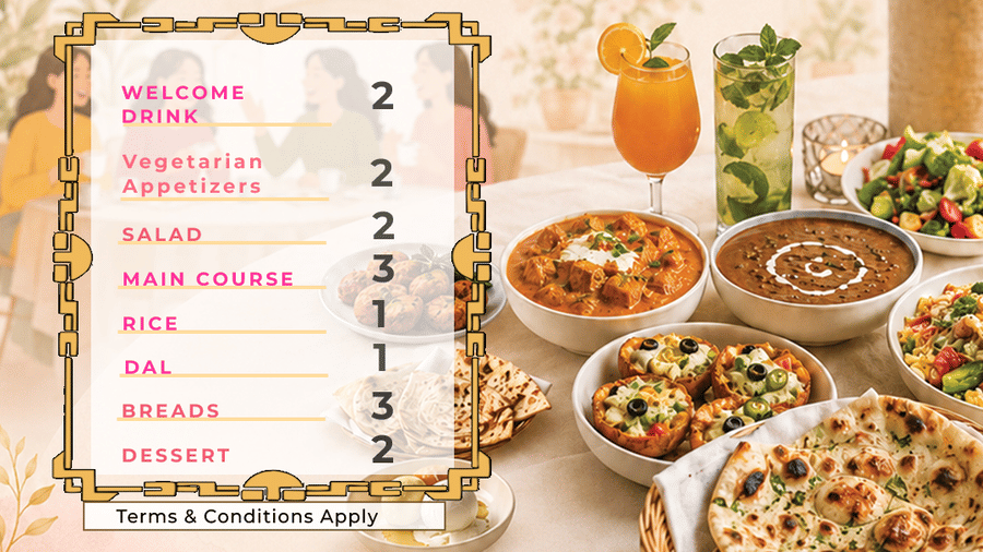 Promotional poster for Pride Hotel Nagpur's kitty party package with a floral design, food spread illustrations, numbered package details, and a starting price of INR 1499 per person.