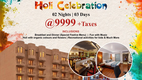 Promotional poster for Holi featuring the facade, room, and dining images along with the package details for 2 Nights, 3 Days at Lords Plaza Jaipur.