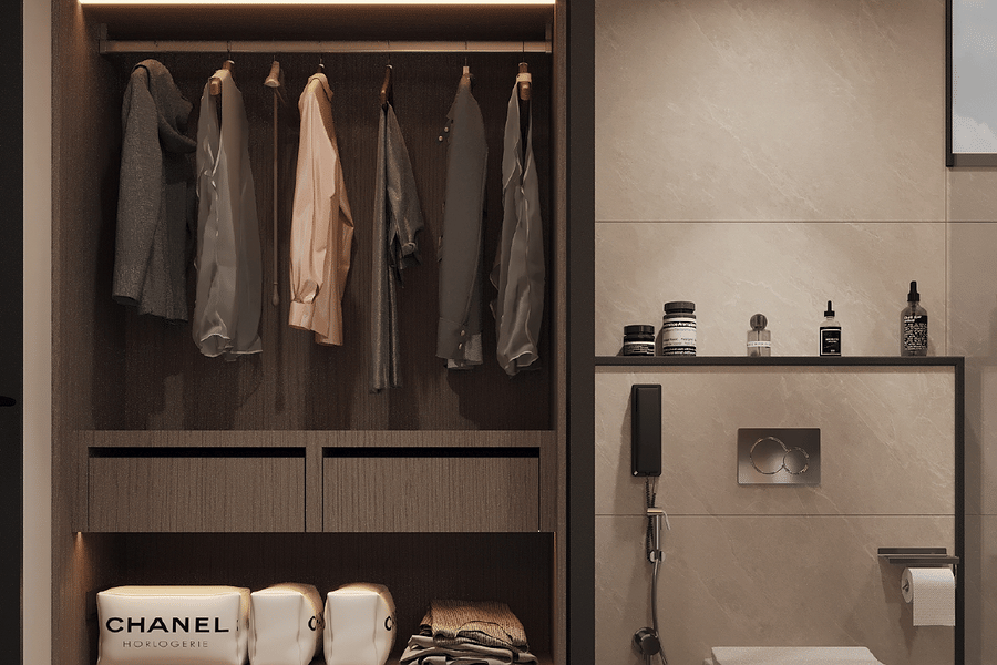 Wardrobe and bathroom area at Ananta Elite Somnath featuring modern fittings and neatly organised storage