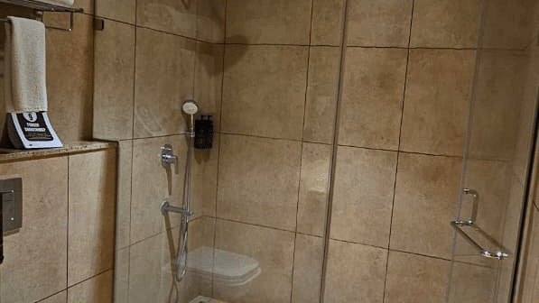 Tiled bathroom with a glass shower enclosure and toilet at Cholaa Dynasty, Kumbakonam.