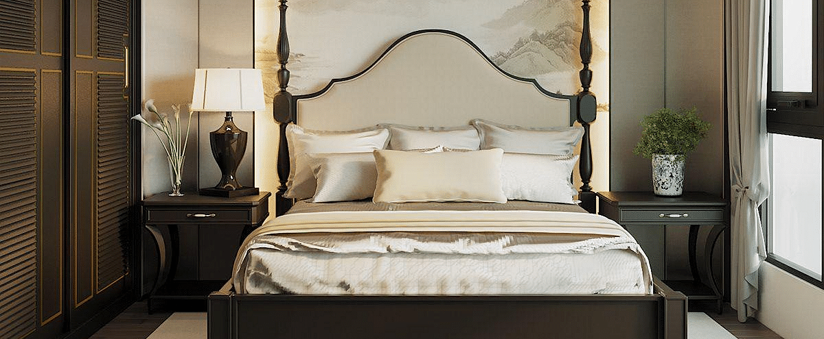 A room featuring a front view of the bed, with bedside tables on either side and windows to the sides at The Evren, Vagator.