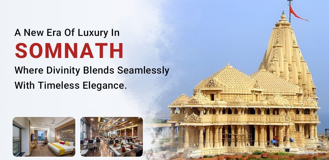 A view of a temple with text highlighting luxury and timeless elegance.