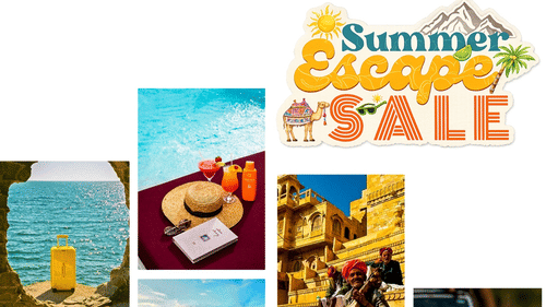 Travel collage with summer escape sale message showing different destinations deals and vacation planning inspiration