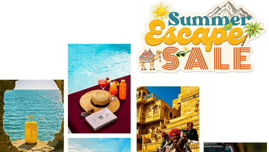 Travel collage with summer escape sale message showing different destinations deals and vacation planning inspiration