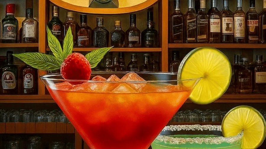 A bar counter at Sunset Bar and Lounge in Central Heritage Resort featuring maritini glasses and a background which has liquor bottles in a shelf