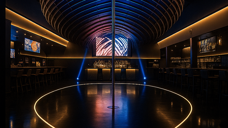 A stylish, dimly-lit restaurant interior with dramatic purple lighting and a modern bar setup.