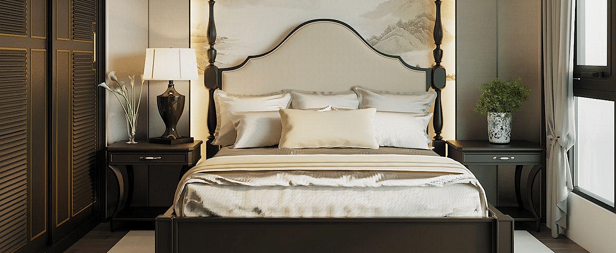 A room featuring a front view of the bed, with bedside tables on either side and windows to the sides at The Evren, Vagator.