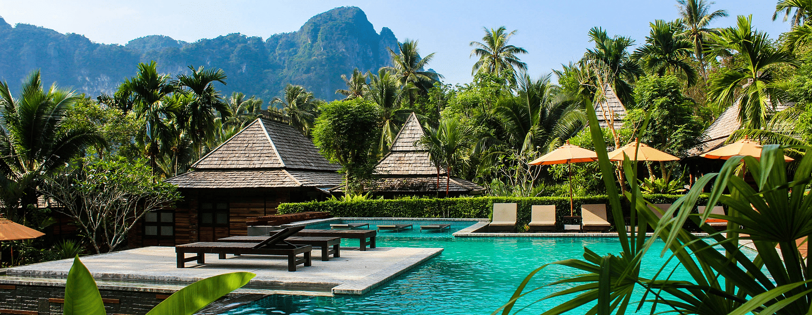 A full view of a pool that is surrounded by trees and mountains