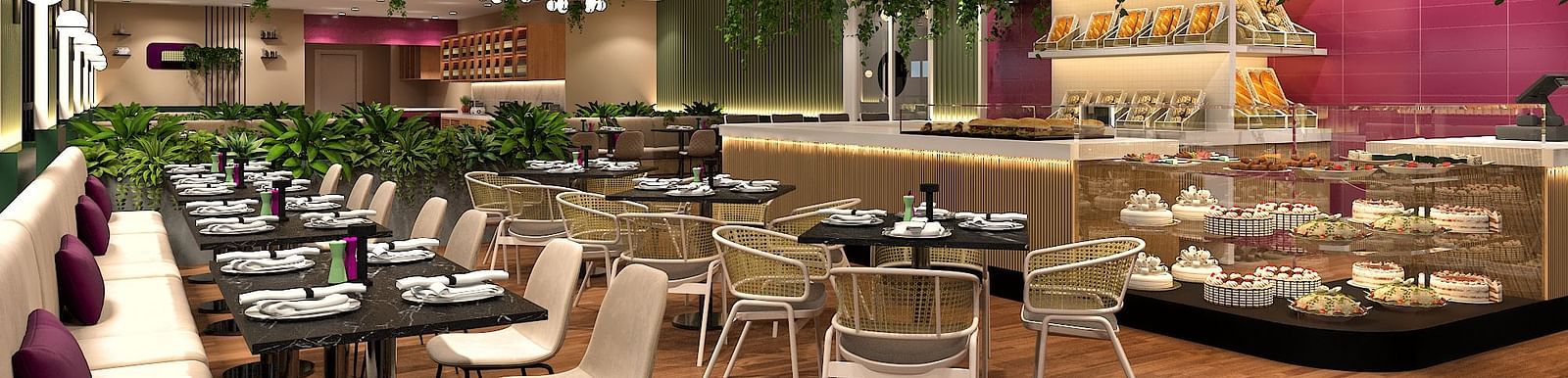 Multi-cuisine restaurant in Kinshasa at Kertel Suites with decorated with green plants and well arranged chairs
