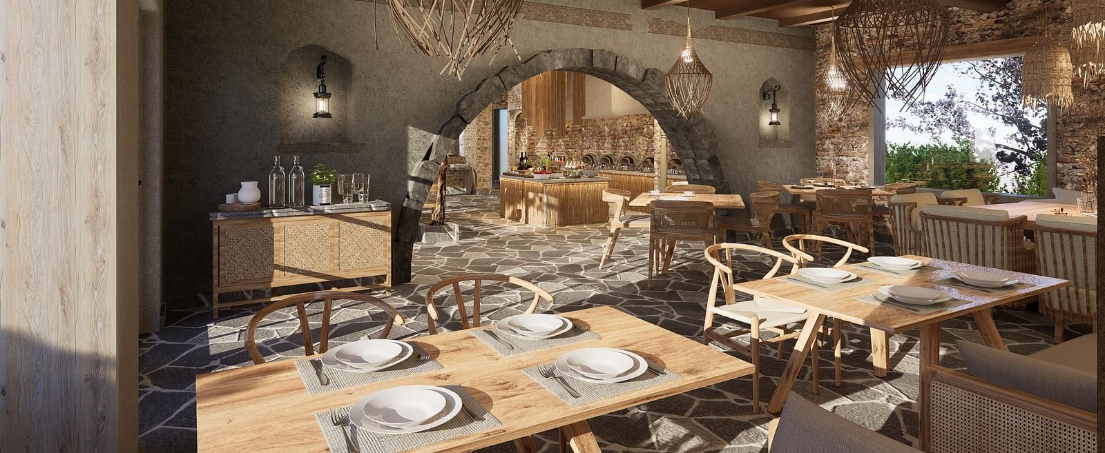 A restaurant with neatly set tables and chairs, featuring woven light decorations hanging at The Evren, Vagator.