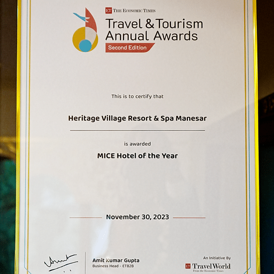 Heritage Village Resort & Spa Manesar awarded MICE Hotel of the Year by The Economic Times on November 30, 2023.