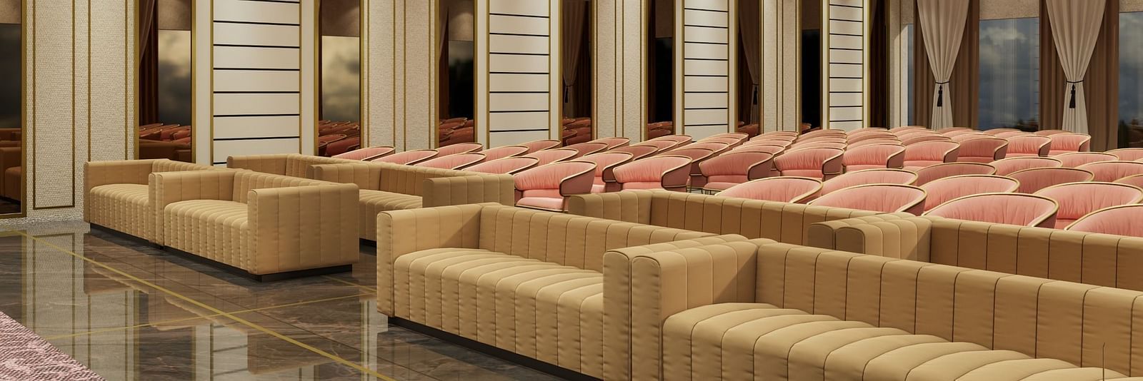 A spacious lounge with plush beige seating, warm lighting, and a modern ceiling design at Town Square Suites.