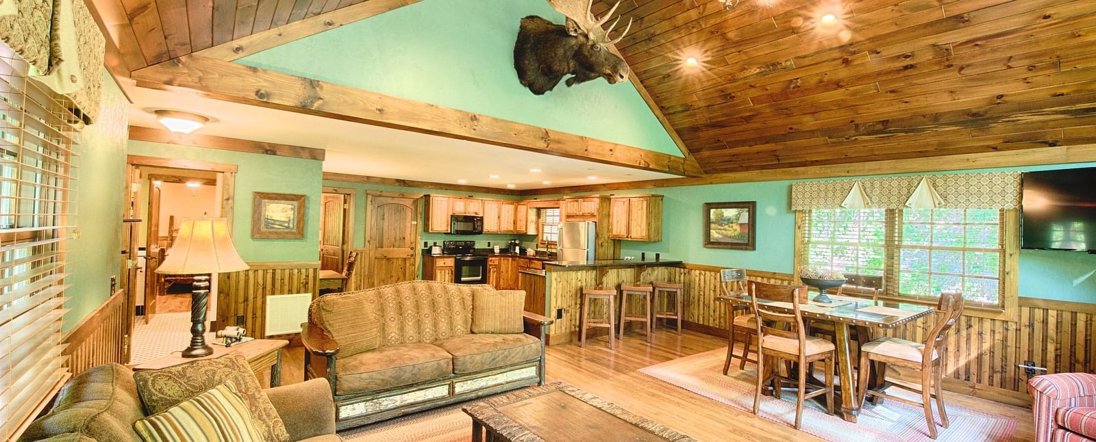 full view image of the living area with pastel green colored walls complemented by a decorative stag head - Historic Tapoco Lodge