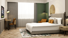 Side view of the room with pristine white bedsheets and grey curtains -  Sarovar Portico Srinagar