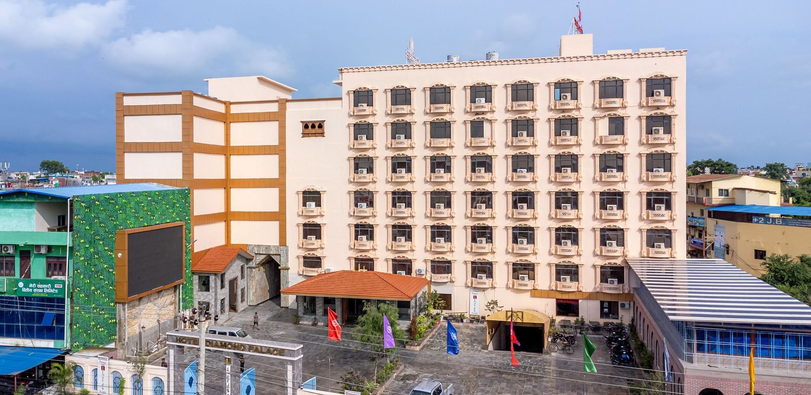 Aerial view of Diamond Palace Lords Plaza Nepalgunj showcasing its architecture and surrounding urban landscape.