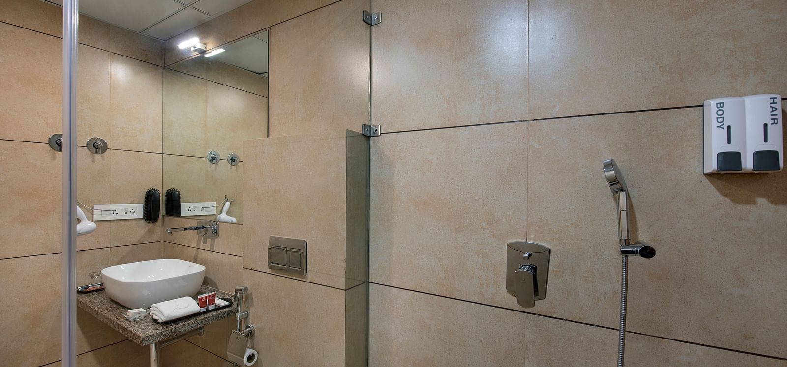 Bathroom with shower and sink area 