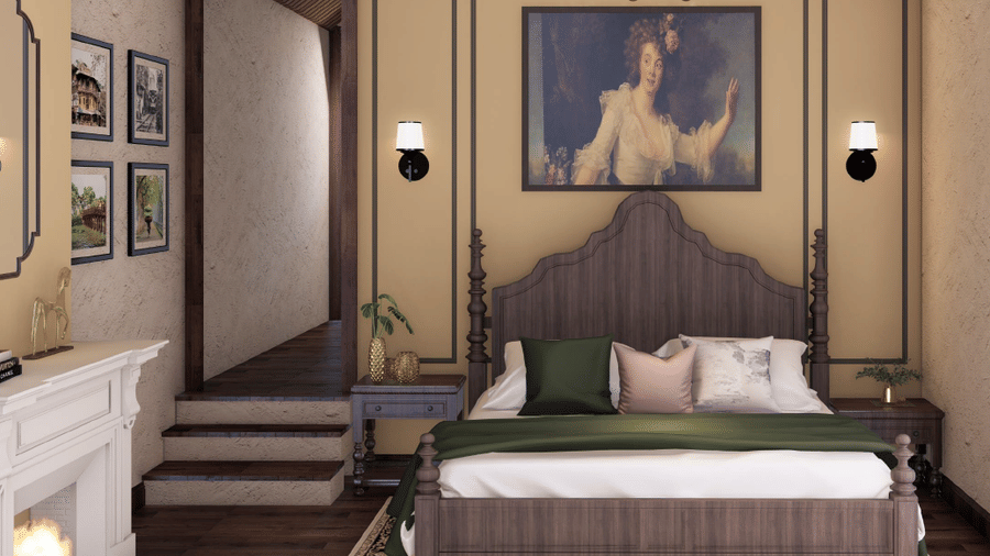 Luxury bedroom with a velvet upholstered headboard, panelled walls, and a classical portrait hanging above the bed at BluSalzz Terrah Hills Resort, Dalhousie.