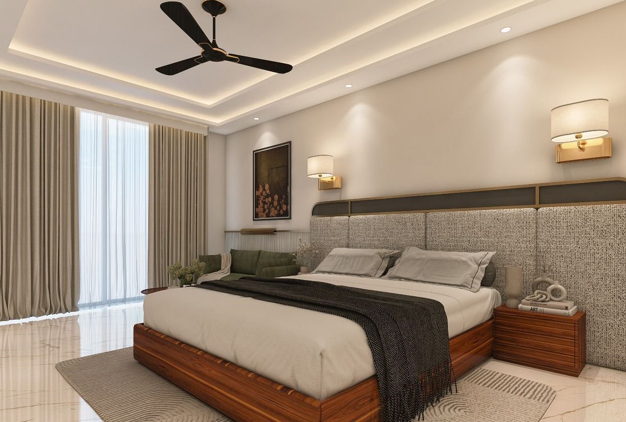 A room with modern interiors and bright lighting featuring a double bed in the middle along with two bed side tables. - Namaste Corbett