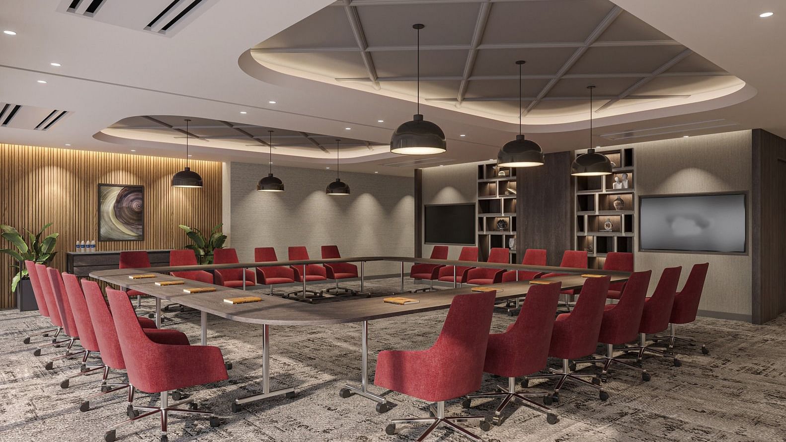 overview of the 2nd Floor Meeting Room with red seats placed in a square - Rhythm Gurugram