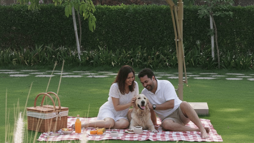 Couple enjoying a picnic under a canopy on the lawn at Juna Mahal, Ranthambore, surrounded by lush greenery and bright sunlight.