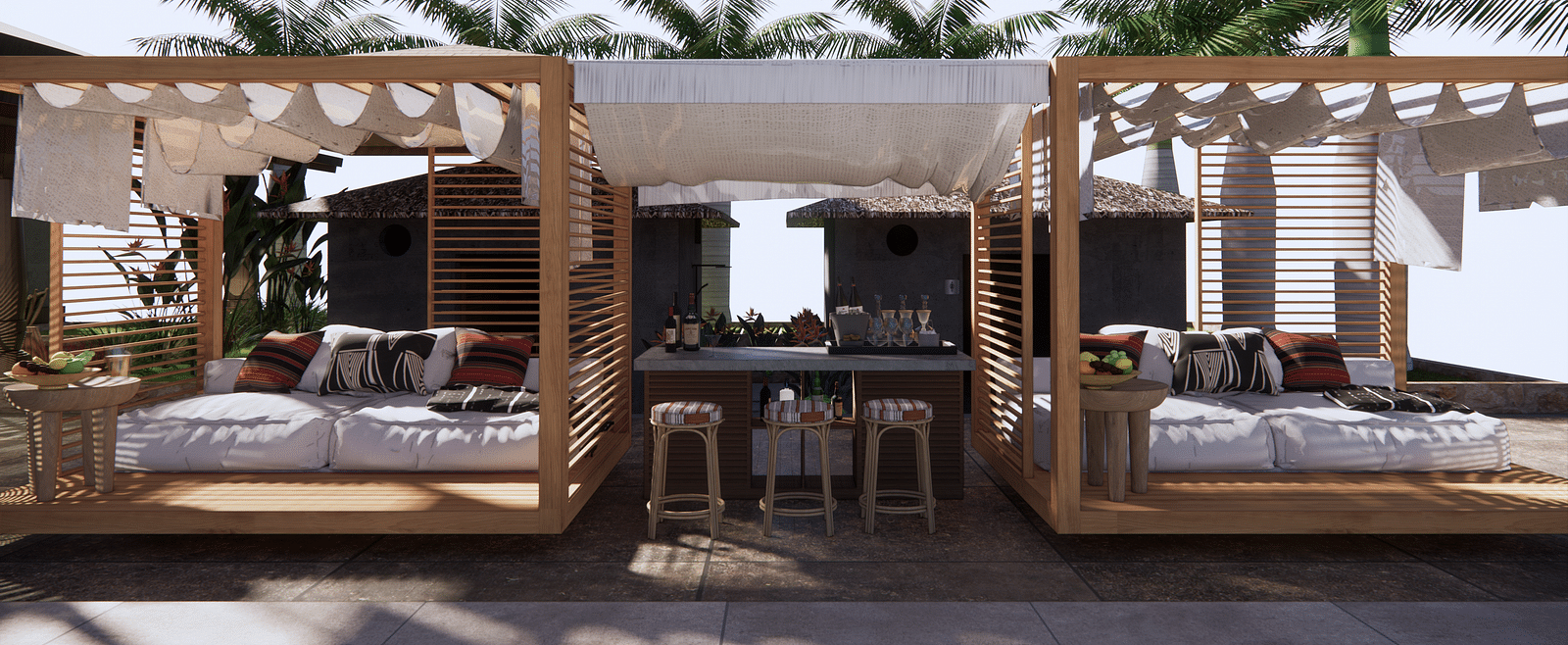 Two cabanas with seating areas and a central bar area, surrounded by palm trees - Rhino and River BluSalzz Collection, Pobitora