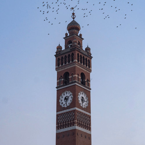 The Hussainabad Clock Tower in Lucknow standing tall against a clear blue sky in the background, with a flock of birds flying around the tip of the tower.