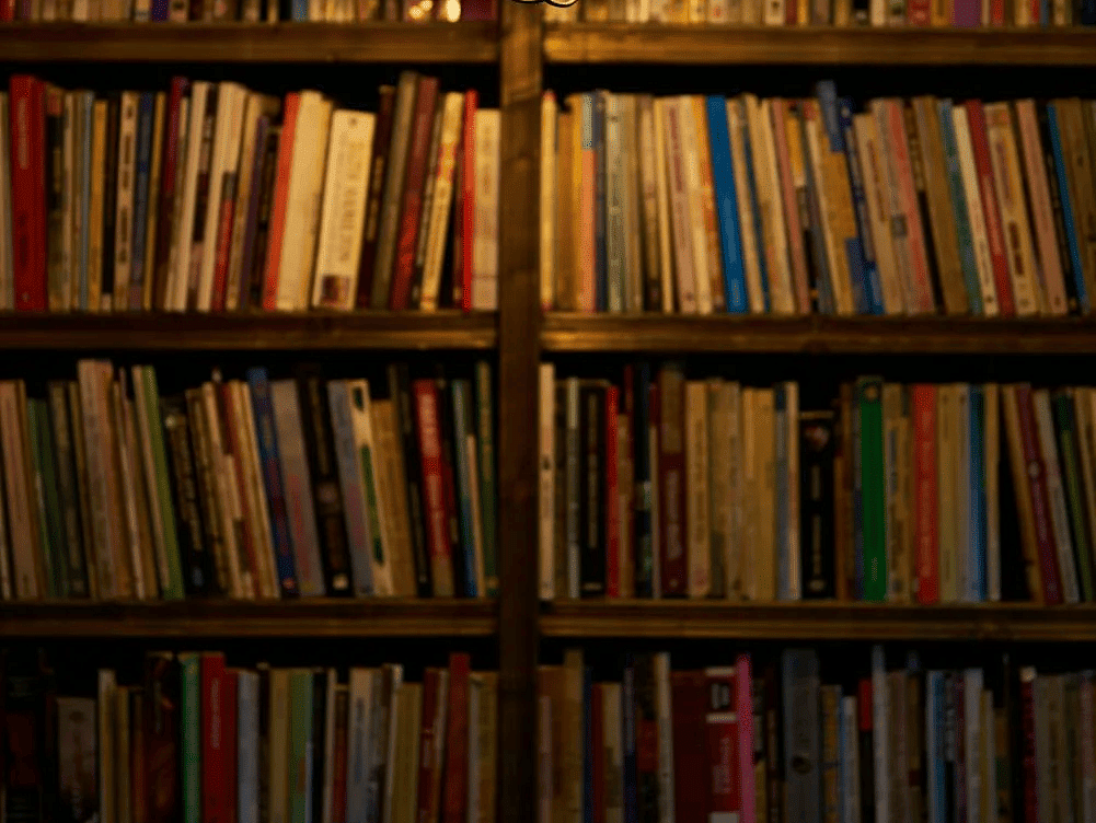 A picture of the bookshelf filled with books.