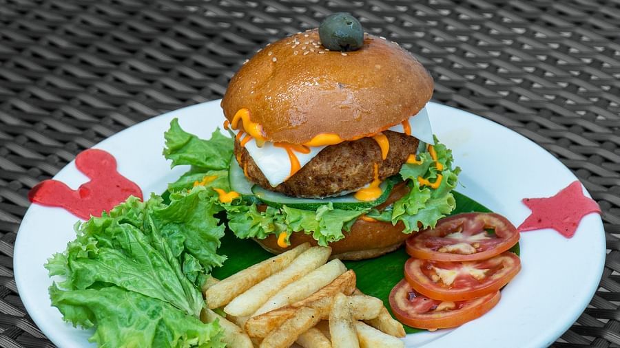 Close-up of a burger with fries and salad arranged on a plate.