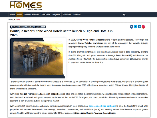 Article on Home India Magazine on 13th March 2025 with the headline -  Boutique Resort Stone Wood Hotels set to launch 6 High-end Hotels in 2025